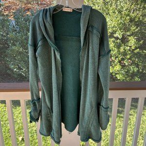 Altar'd State Open Front Sweatshirt Cardigan Raw Edged Hooded Teal Green Large